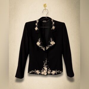 Alexander McQueen Vintage 2006 Black Wool Blazer with Cream Embroidered Florals